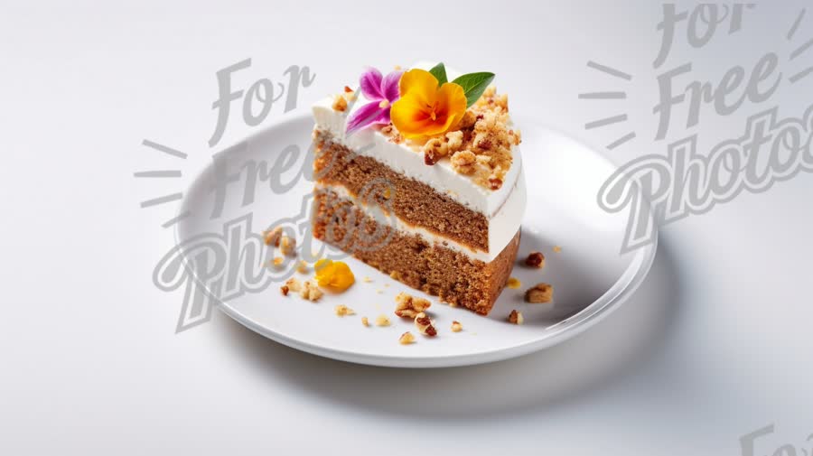 Delicious Layered Cake with Edible Flowers and Nuts on a White Plate