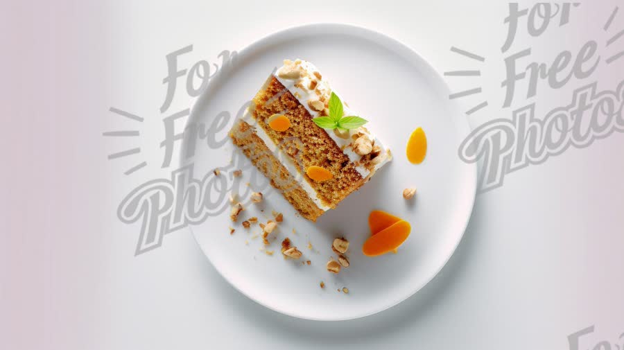 Delicious Layered Cake Slice with Fresh Fruit and Nuts on White Plate