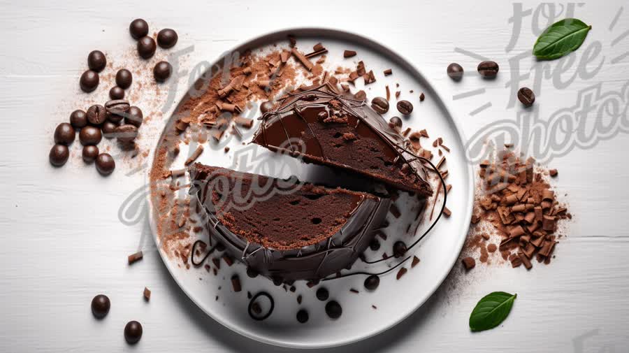 Decadent Chocolate Cake with Coffee Beans and Shavings on White Background