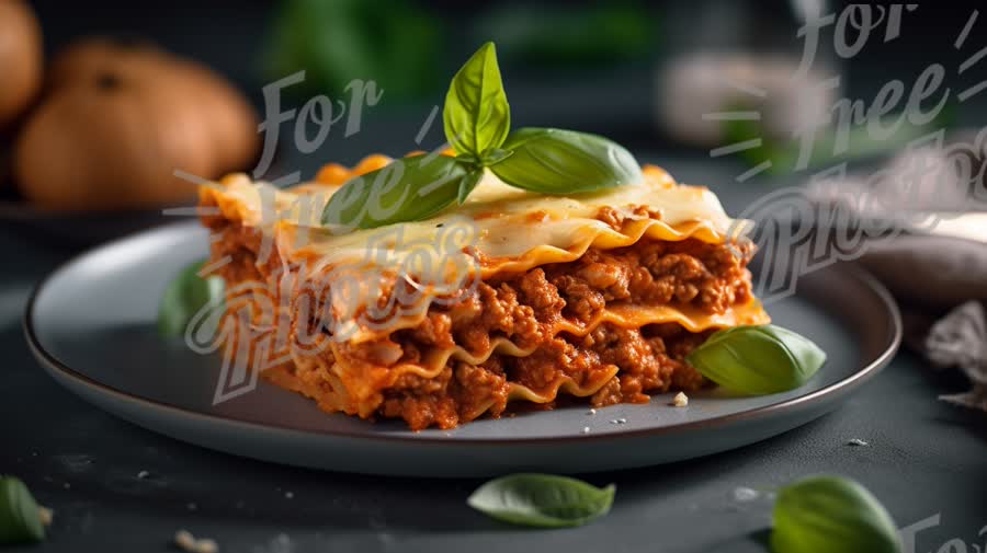 Delicious Homemade Lasagna with Fresh Basil on a Rustic Plate