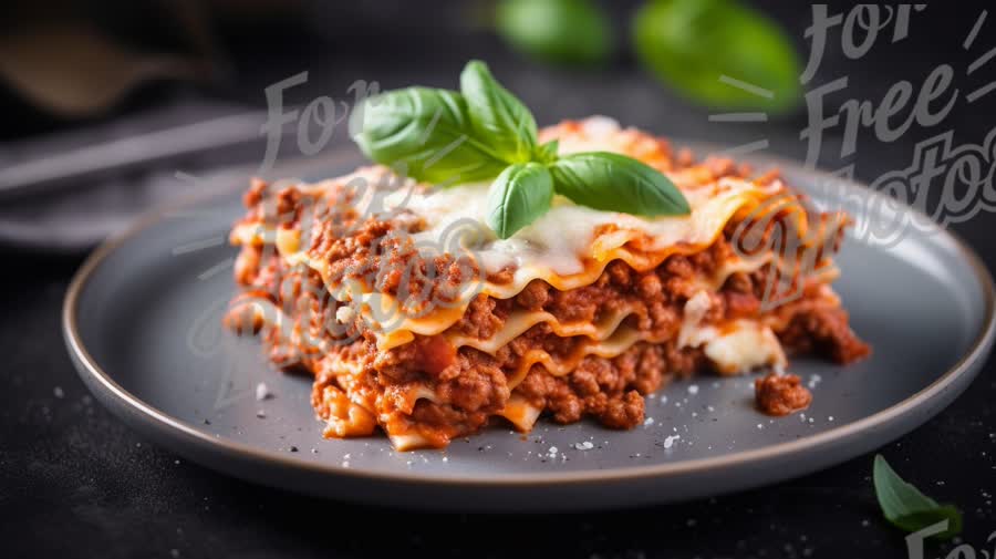 Delicious Homemade Lasagna with Fresh Basil on a Dark Background