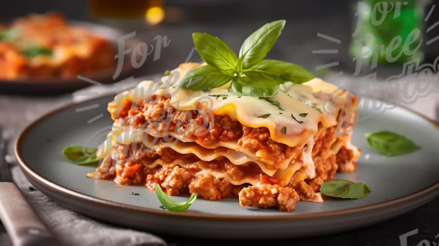 Delicious Homemade Lasagna with Fresh Basil on a Rustic Plate