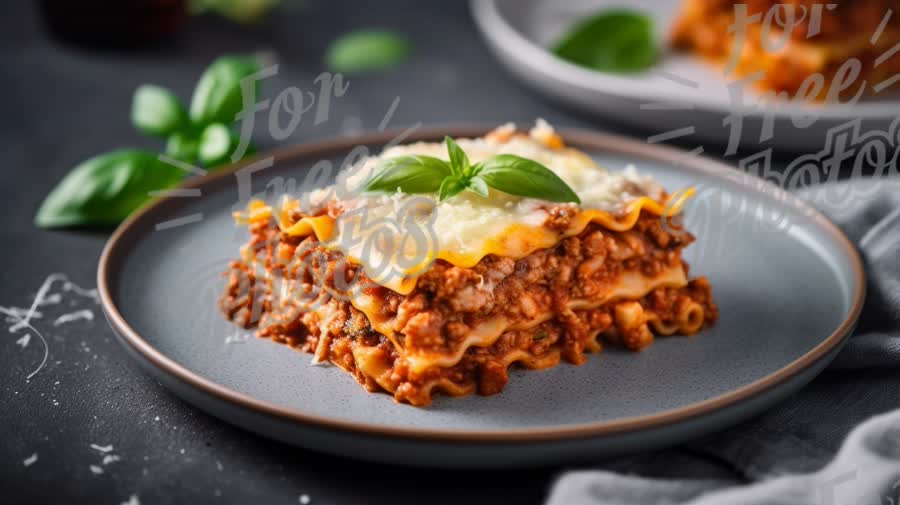 Delicious Homemade Lasagna with Fresh Basil on a Rustic Plate