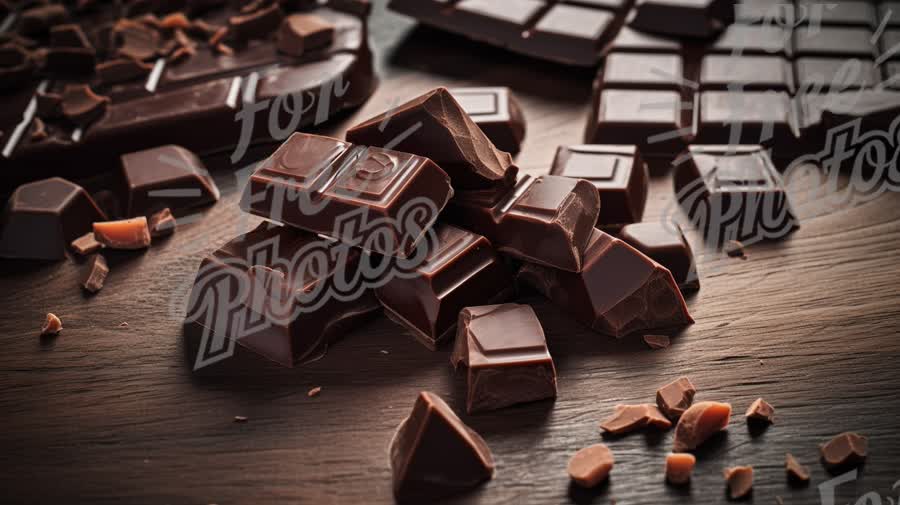 Decadent Dark Chocolate Pieces on Rustic Wooden Background