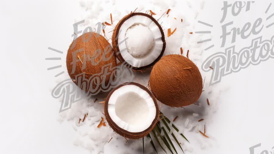 Coconut Halves with Fresh Coconut Meat and Shredded Coconut on White Background