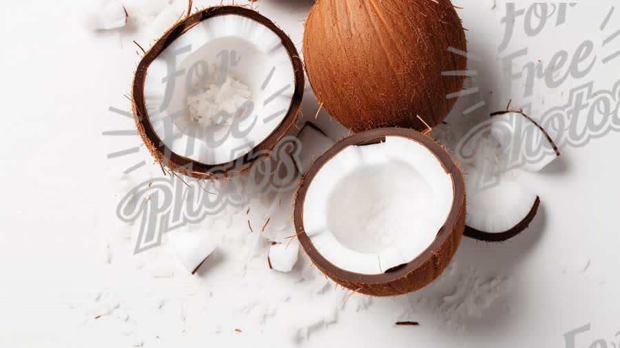 Fresh Coconut Halves with Shredded Coconut on White Background