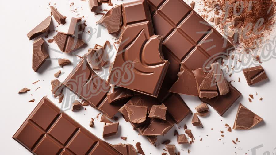 Delicious Dark Chocolate Bars and Cocoa Powder on White Background