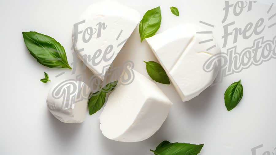 Fresh Mozzarella Cheese with Basil Leaves on White Background