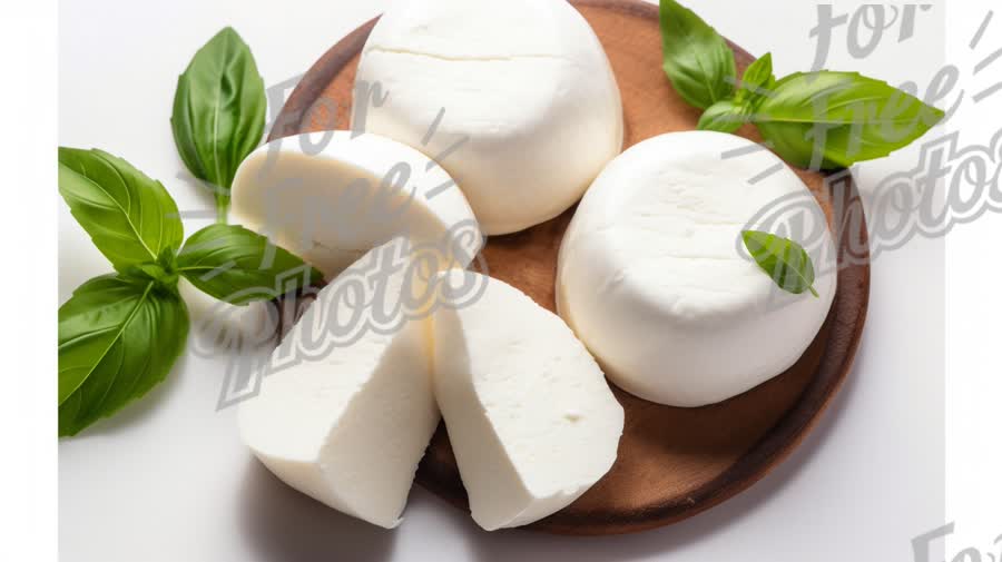 Fresh Mozzarella Cheese with Basil Leaves on Wooden Plate