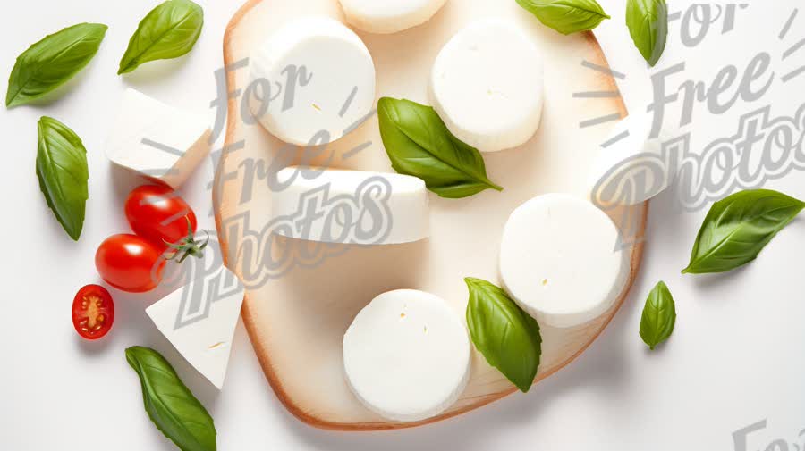 Fresh Mozzarella Cheese with Basil and Cherry Tomatoes on a Wooden Board