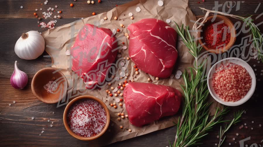 Fresh Cuts of Red Meat with Spices and Herbs on Rustic Wooden Table