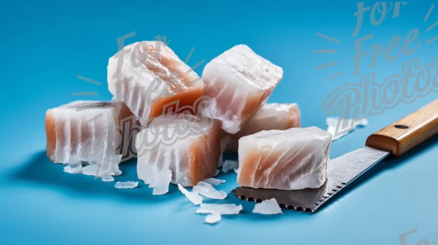 Fresh Sushi Grade Fish Cubes on Ice with Chef's Knife