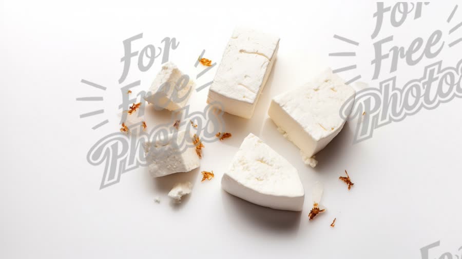 Fresh White Cheese Blocks with Crumbled Texture on White Background