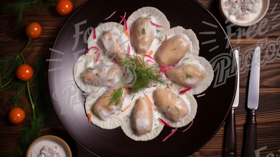 Delicious Homemade Dumplings with Sour Cream and Fresh Herbs on Rustic Wooden Table