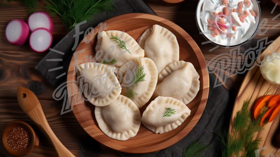 Delicious Homemade Dumplings on Wooden Plate with Fresh Herbs and Accompaniments