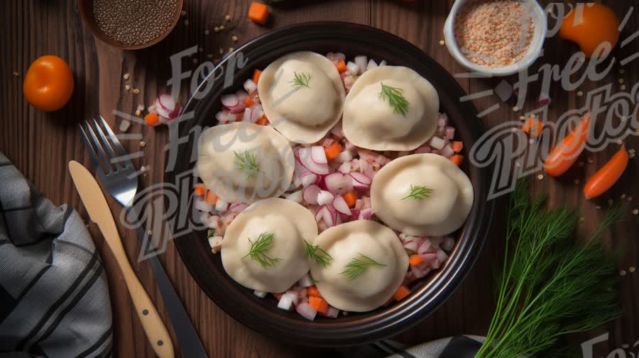 Delicious Homemade Dumplings with Fresh Vegetables and Herbs on Rustic Wooden Table