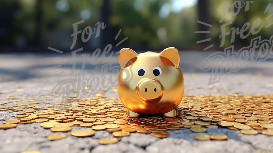 Golden Piggy Bank Surrounded by Coins: Symbol of Wealth and Savings