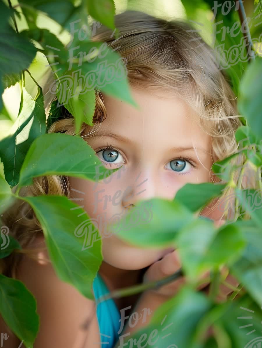 Enchanting Child Portrait Among Lush Greenery - Captivating Blue Eyes and Nature