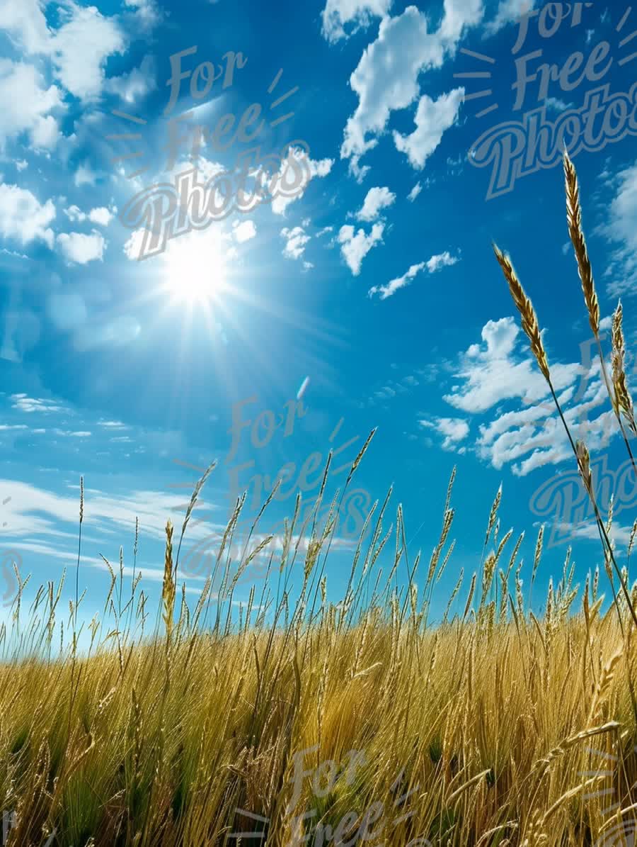 Golden Wheat Field Under Bright Blue Sky with Sunlight