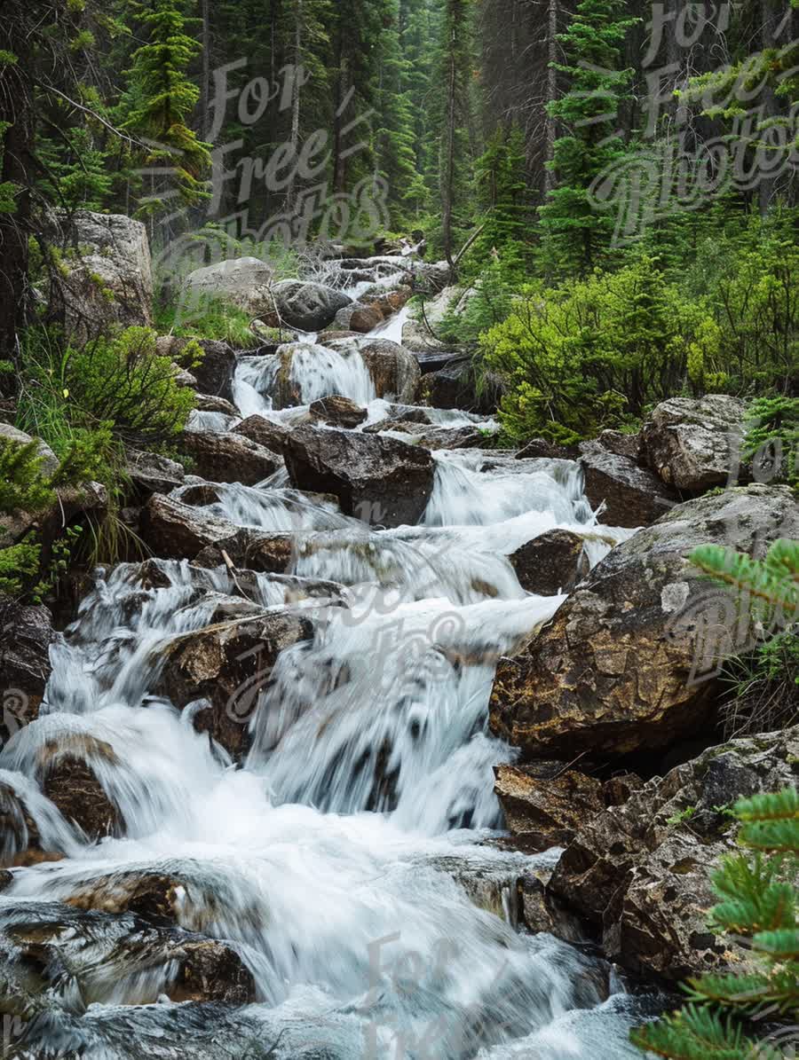 Serene Mountain Stream Flowing Through Lush Forest Landscape