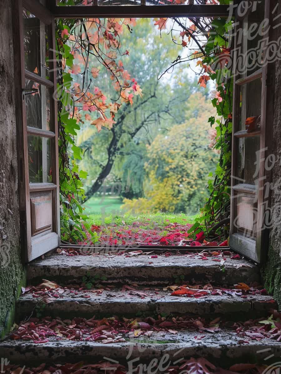 Autumn Serenity: Open Window with Colorful Leaves and Scenic Garden View