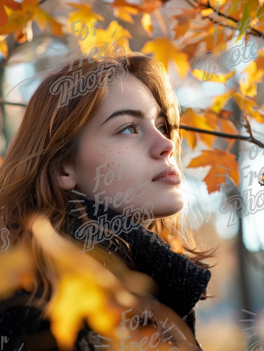 Autumn Serenity: Young Woman Surrounded by Golden Leaves in Nature