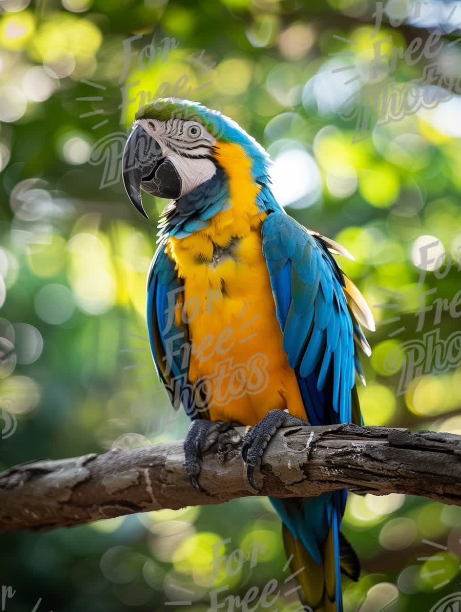 Vibrant Blue and Yellow Macaw Perched on a Branch in Lush Greenery