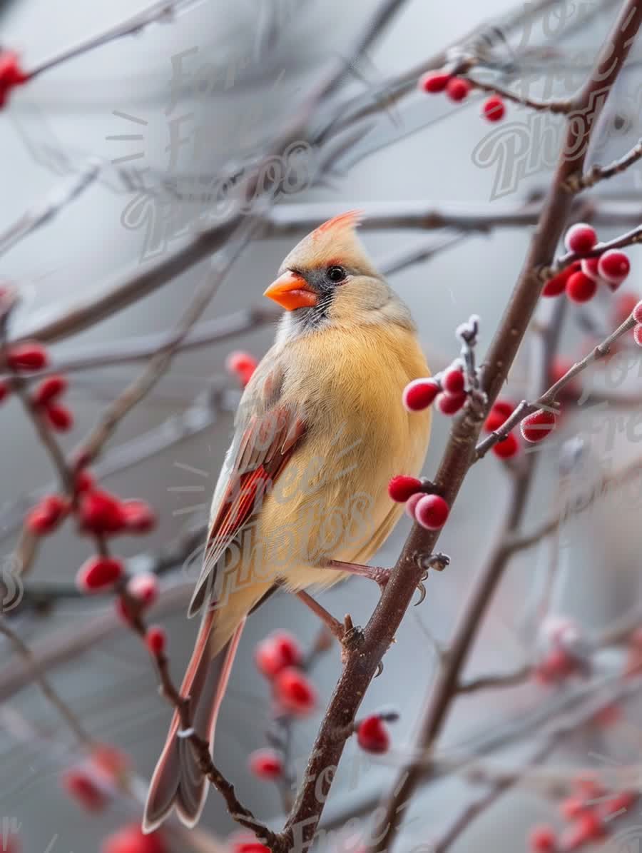 Winter Cardinal Perched on Berry-Laden Branch: Nature's Beauty in Snowy Landscape