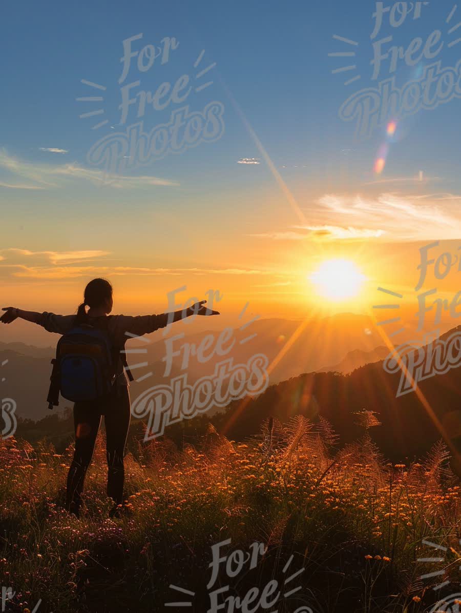 Embracing Nature: Silhouette of a Hiker at Sunrise in Scenic Landscape