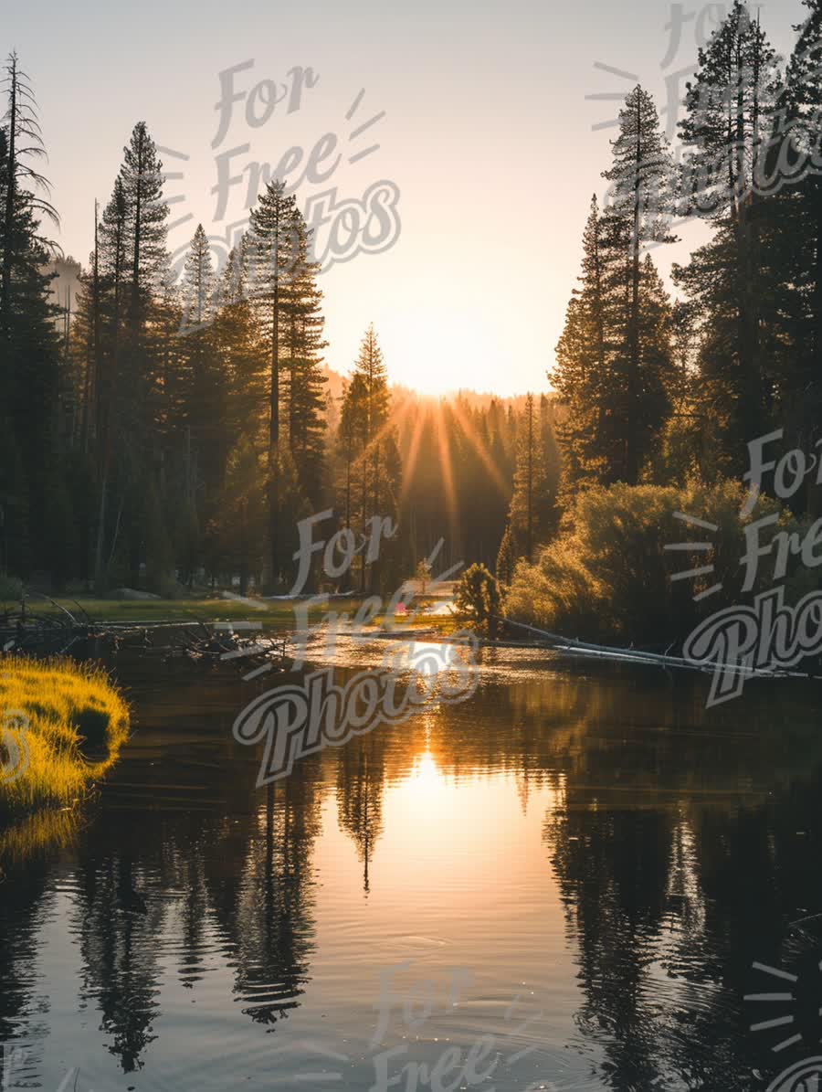 Tranquil Sunrise Over Serene River Surrounded by Pine Forest