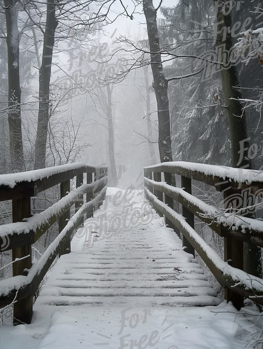 Serene Winter Landscape: Snow-Covered Bridge in Foggy Forest