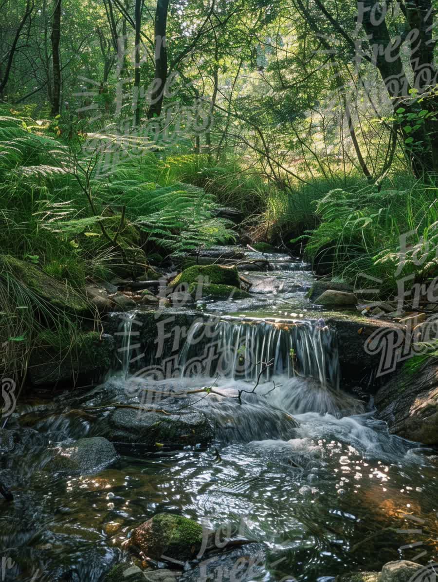 Tranquil Forest Stream with Lush Greenery and Sunlight