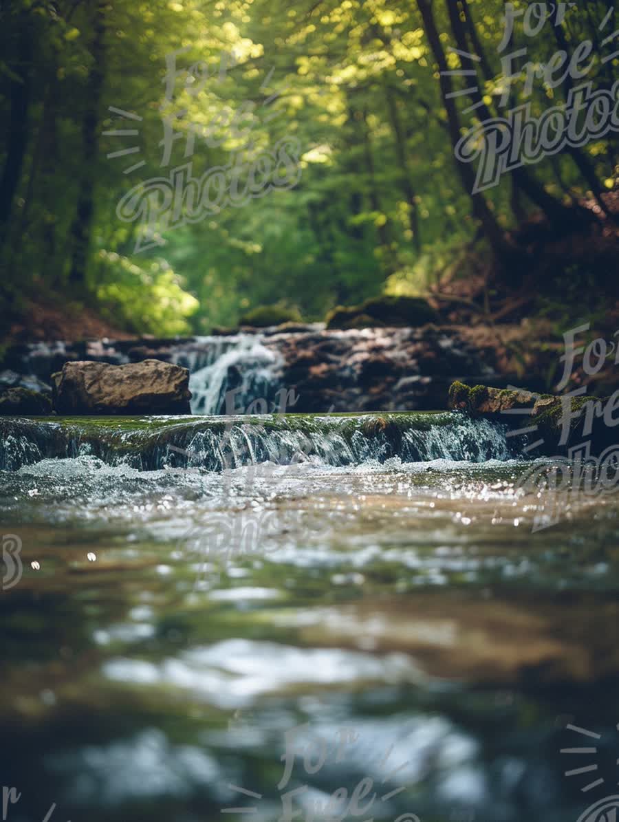 Tranquil Forest Stream: Serene Nature Waterfall in Lush Greenery