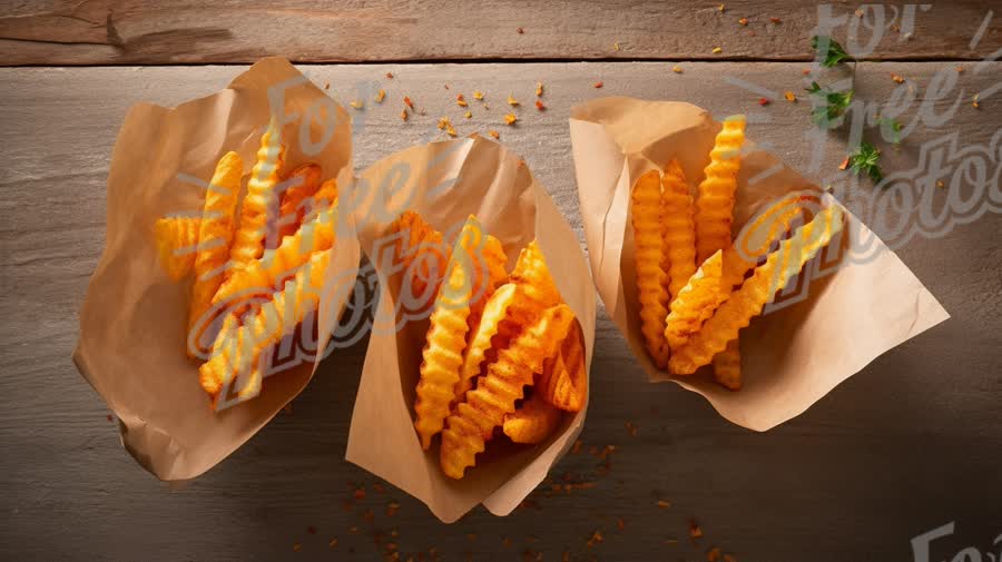 Delicious Crinkle-Cut French Fries in Rustic Paper Cups on Wooden Table