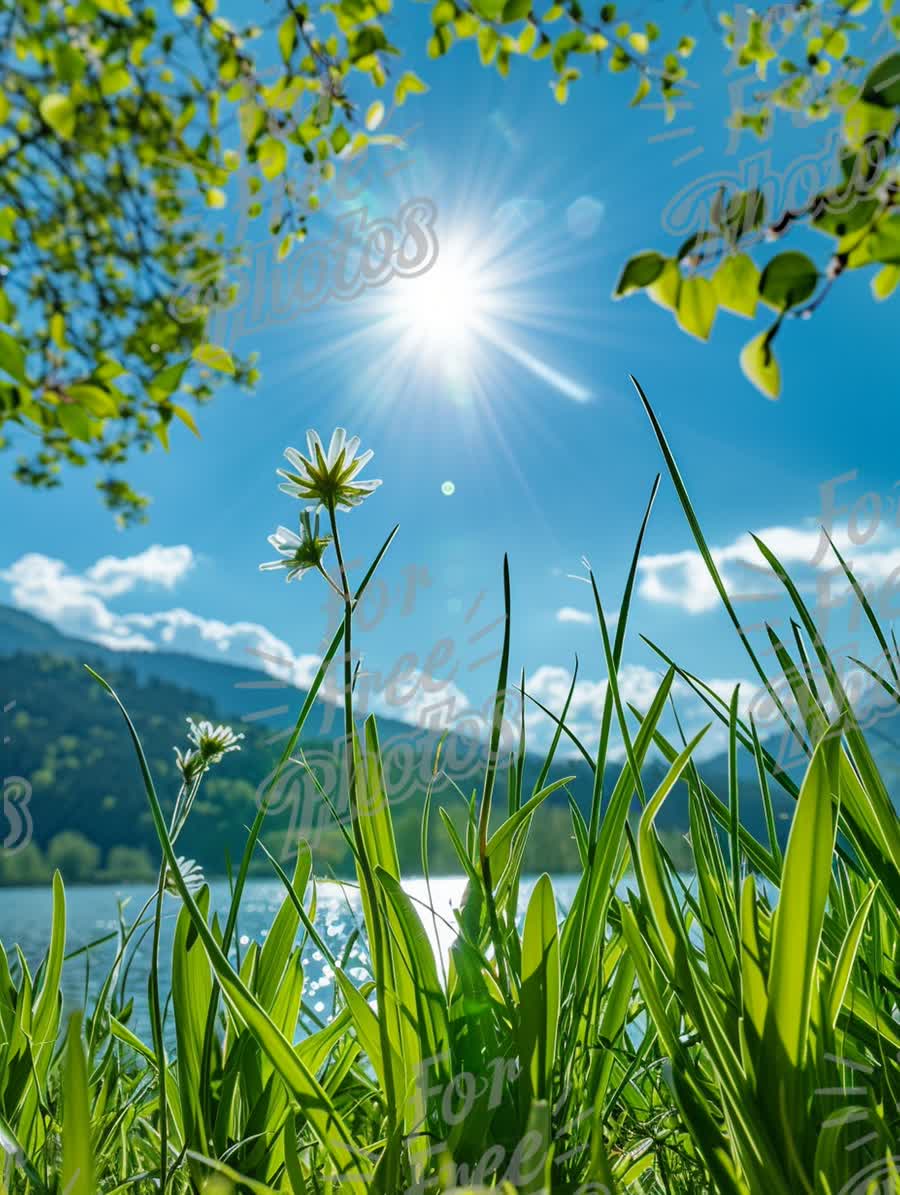 Serene Lakeside Bloom: Sunlit Nature Scene with Flowers and Blue Sky