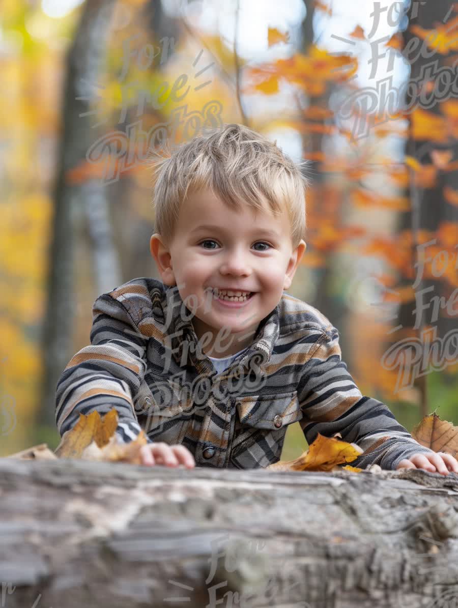 Joyful Child Playing in Autumn Forest with Colorful Leaves