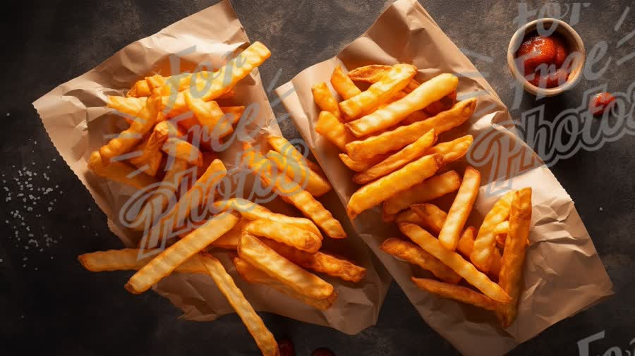 Delicious Golden French Fries with Ketchup on Rustic Background