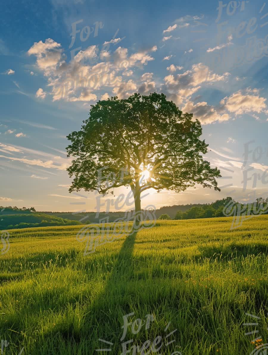 Majestic Tree Silhouette at Sunset Over Lush Green Fields