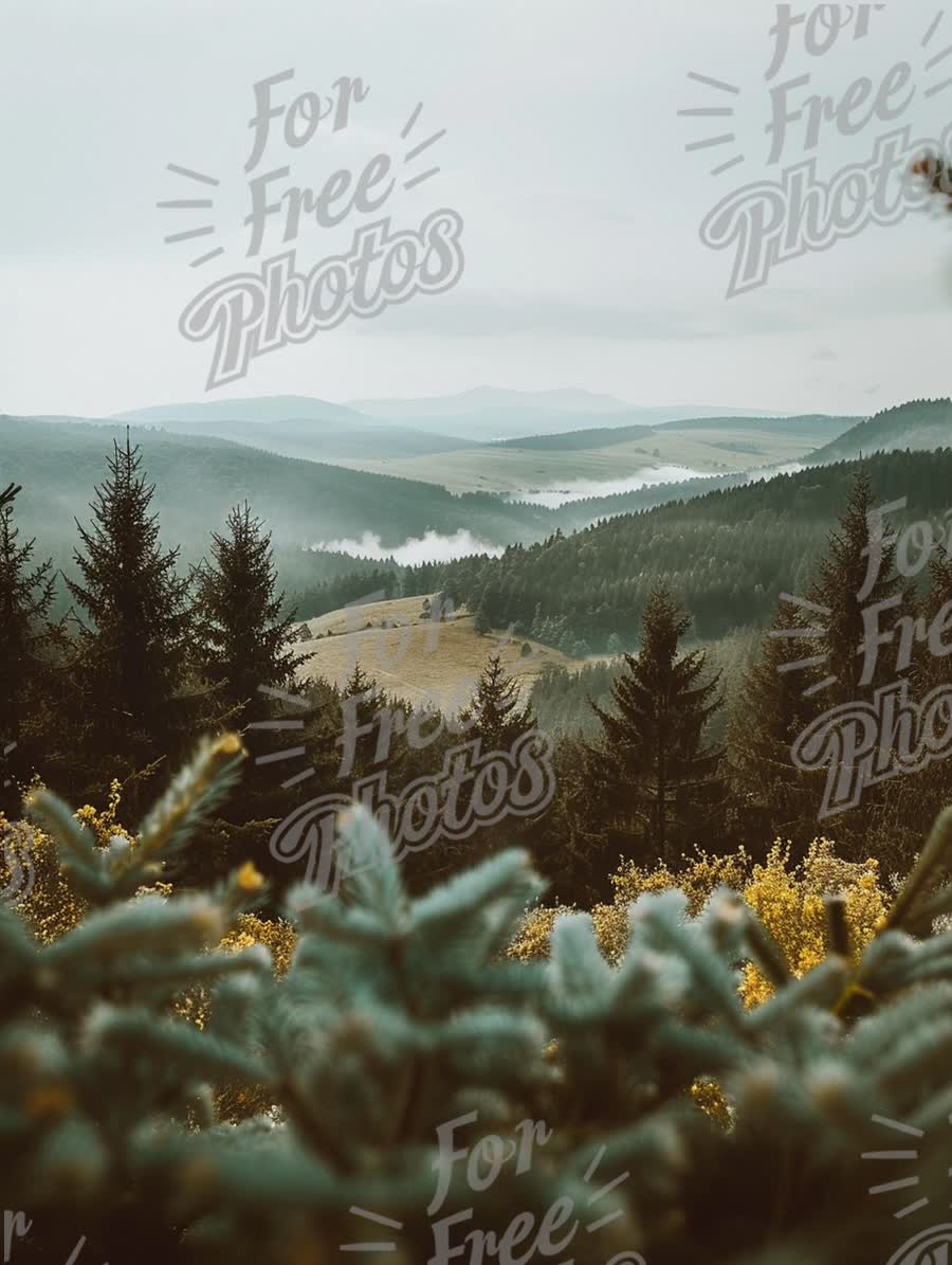 Serene Mountain Landscape with Misty Valleys and Evergreen Forests