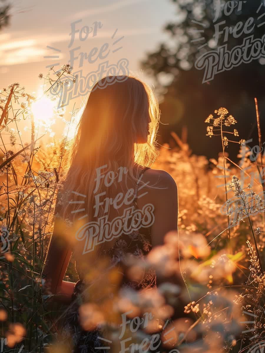 Serene Sunset Glow: Woman in Flower Field Embracing Nature's Beauty