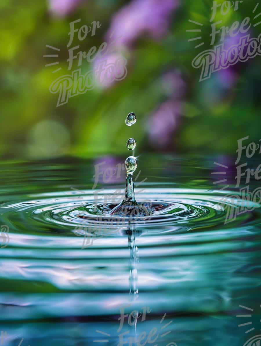 Serene Water Droplet Splash with Ripples and Soft Floral Background