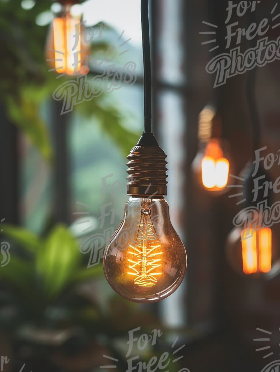 Warm Vintage Light Bulbs in Cozy Interior with Greenery