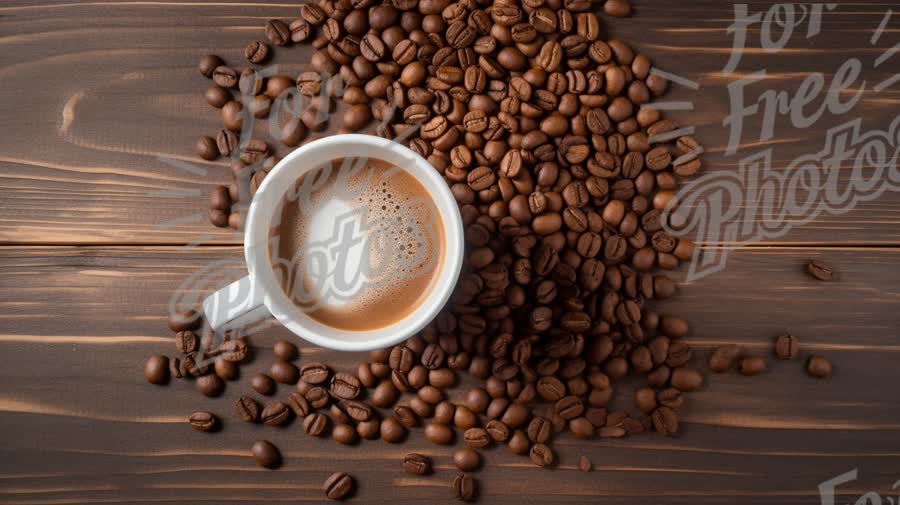 Freshly Brewed Coffee with Roasted Beans on Rustic Wooden Background