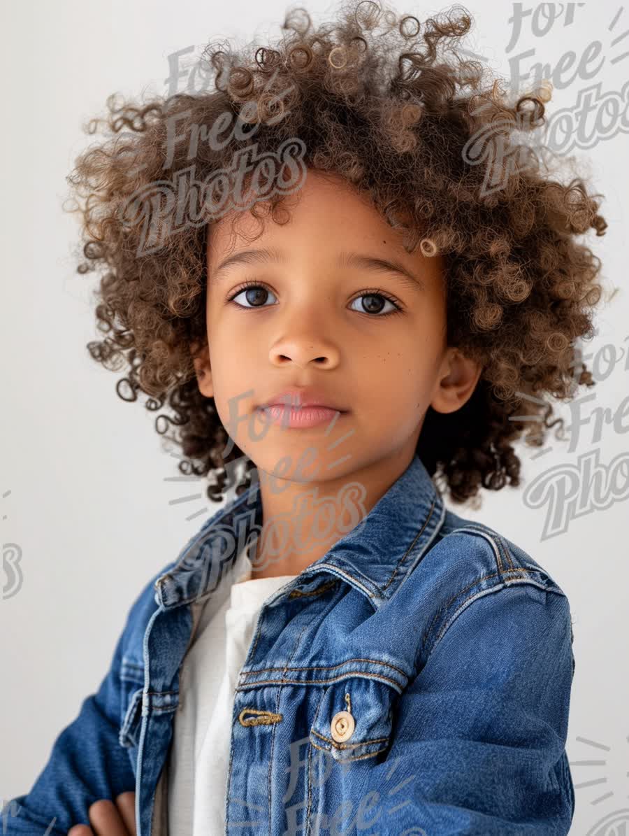 Confident Young Boy with Curly Hair in Denim Jacket - Portrait of Childhood Innocence