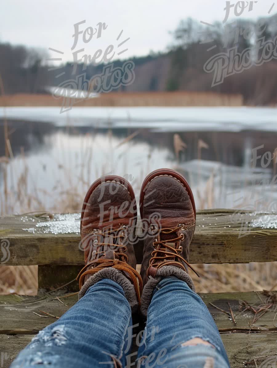 Cozy Winter Hiking Boots by Tranquil Frozen Lake