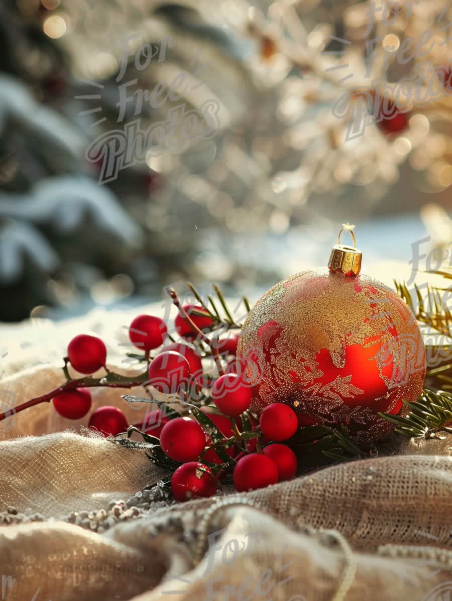 Festive Christmas Decoration with Red Ornament and Berries on Snowy Background