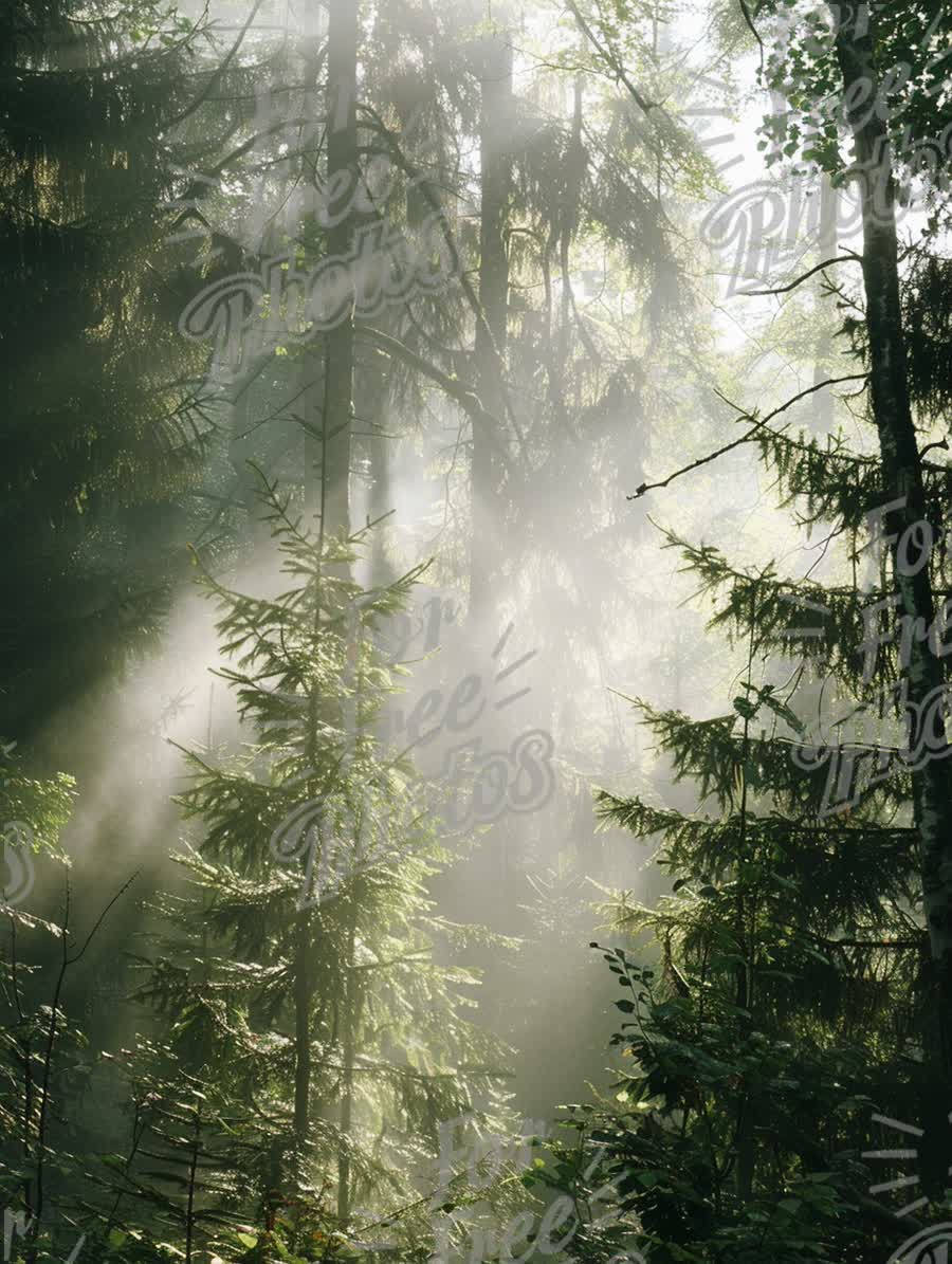 Enchanting Misty Forest with Sunlight Rays Breaking Through Trees