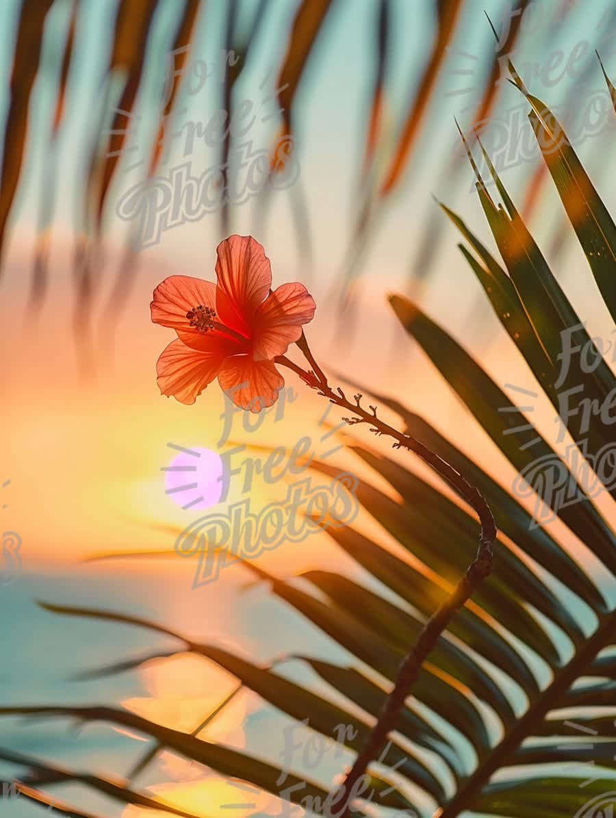 Tropical Sunset with Hibiscus Flower and Palm Leaves