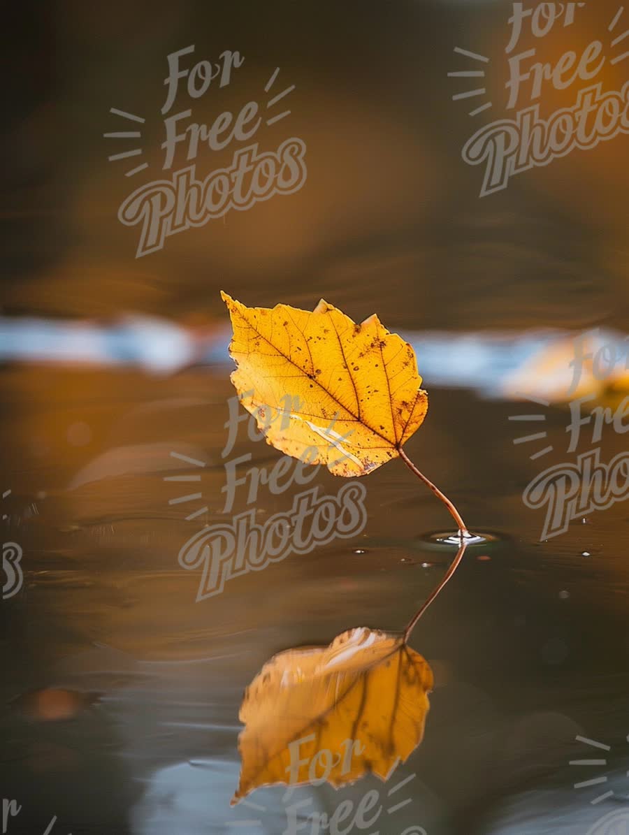 Autumn Serenity: Floating Leaf Reflection on Calm Water