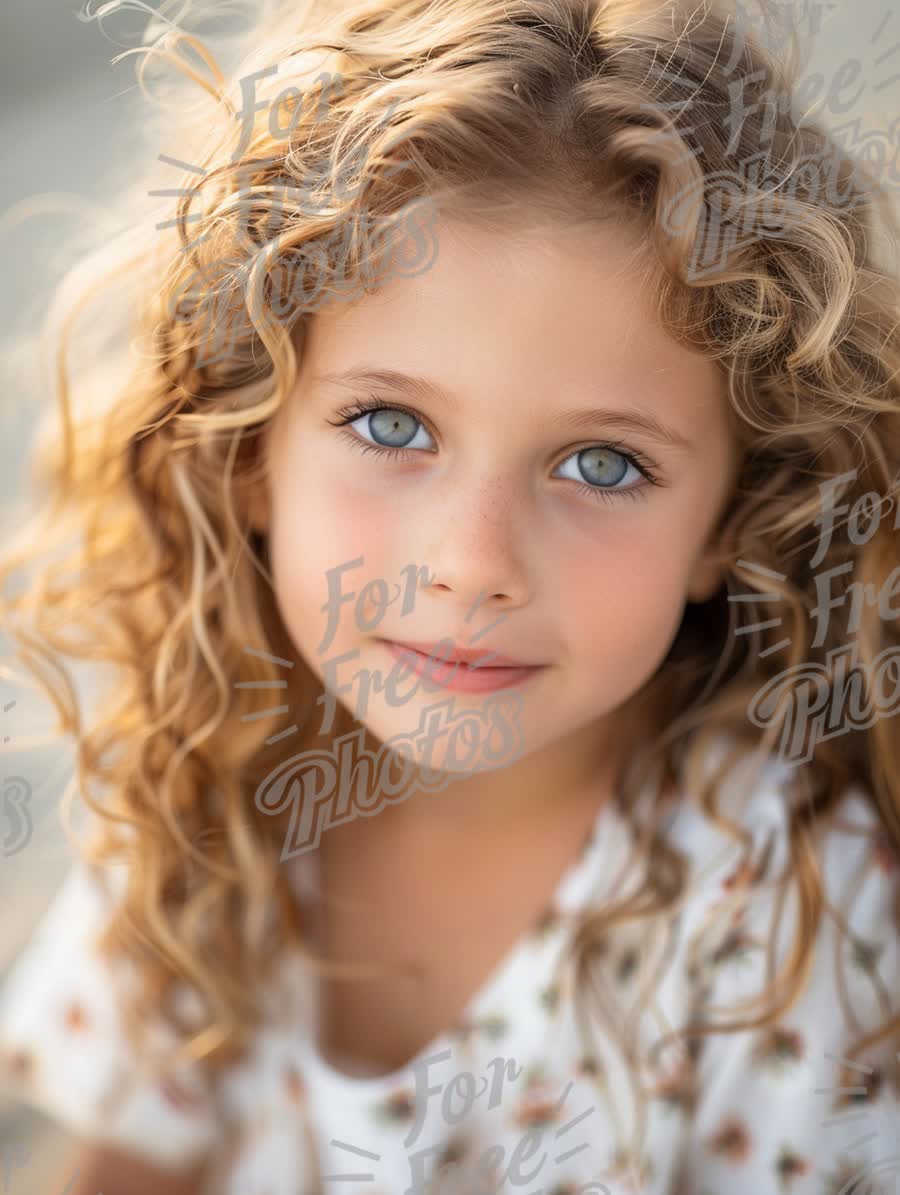 Charming Young Girl with Curly Hair and Bright Blue Eyes in Natural Light